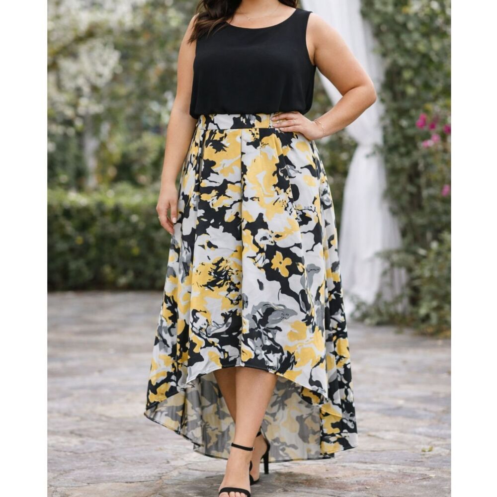 MARINA High Low Floral Dress Black Yellow Sleeveless Formal Plus 20W